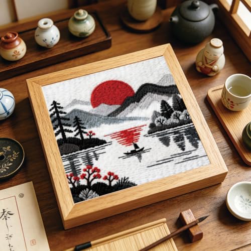 Image of BEUNITONE 2Set Punch Needle Kit with Frame for Adults Beginners, Japanese Style Needlepoint Crafts Kit for Adults, Complete Embroidery Starter Kits with Pre-print Pattern for Gift Home Decor 9.4 inchx9.4 inch