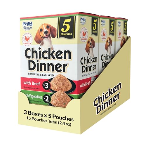 Image of INABA Chicken Dinner for Dogs, Soft Pate Wet Dog Food, Complete & Balanced, 2.4 oz. Pouch, 15 Pouches, Beef & Vegetables Variety