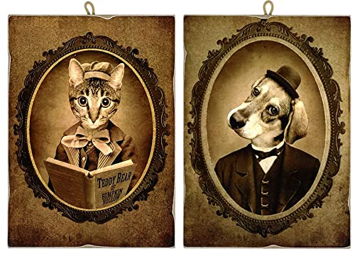 KUSTOM ART Juego de 2 cuadros estilo vintage de la serie de animales Aristocráticos (Gacto y Perro) de colección Impresión sobre madera - Idea regalo