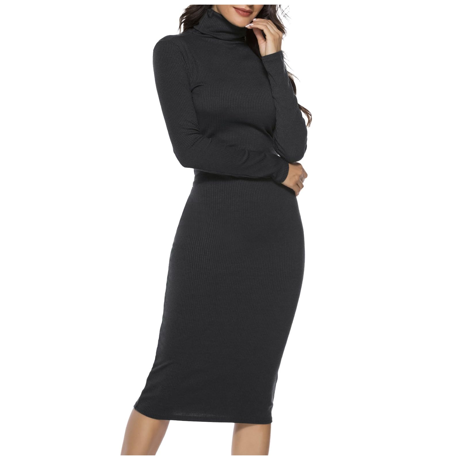 Vestido largo para mujer 2026 con cuello alto y punto acanalado para mujer, manga larga, ajuste delgado, ropa lisa