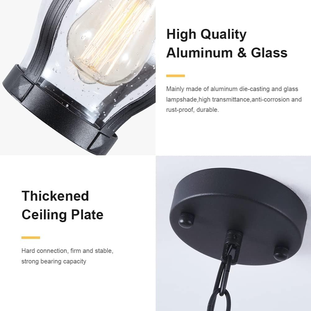 Home Decoration Outdoor Porch Pendant Lights with Glass Farmhouse Modern Black Hanging Lantern Ceiling Fixture Aluminum Small Outdoor Chandelier for Patio Door Hallway Gazebo