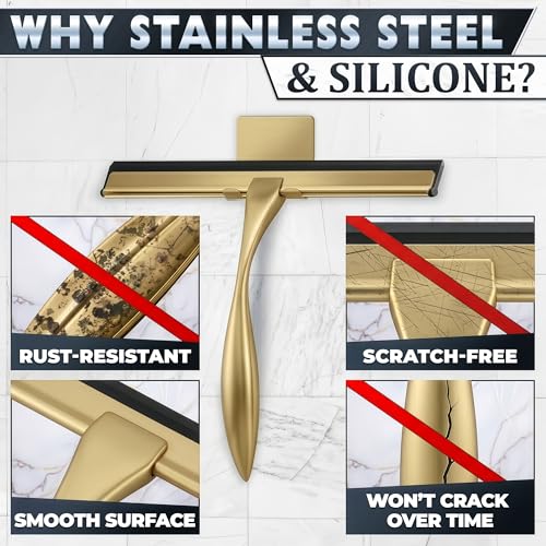 Image of Shower Door Squeegee with Hook - 10 inch Silicone Blade, Stainless Steel Gold Squeegee for Shower Glass with Adhesive Mount - All-Purpose Bathroom Tile, Mirror, & Window Wiper for Streak-Free Cleaning