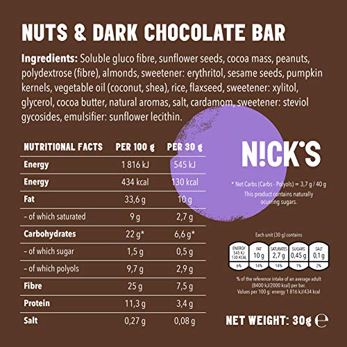 NICKS Go Nuts Dark Chocolate, zaden & notenrepen met pure chocolade, zonder toegevoegde suikers, glutenvrij | 12x30g - Afbeelding 3