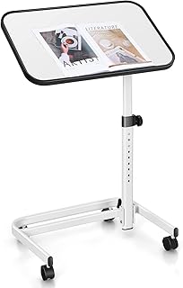 CASART C-Shaped Sofa Side Table, Height Adjustable Overbed Tables Multi-Angle Tilt Top End Table with Wheels, Mobile Bedside Table for Hospital Living Room Bedroom Office