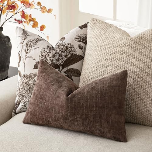 Image of Foindtower Pack of 2 Textured Chenille Throw Decorative Pillow Covers Square Accent Solid Cushion Cover Neutral Farmhouse Lumbar Pillow Case for Couch Sofa Bedroom Living Room 12x24 Inch,Red Brown