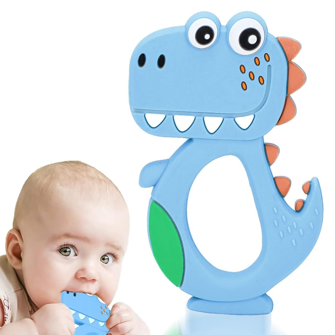 Tony Stark Cute Dinosaur Silicone Baby Teether for Teething Gums, Teether for 3+ Months Baby, Helps Biting Skills Development, Colour & Shape Recognition, Food Grade Silicone, Teething Toy for Infants, Babies, and Toddlers (Blue)-image-4