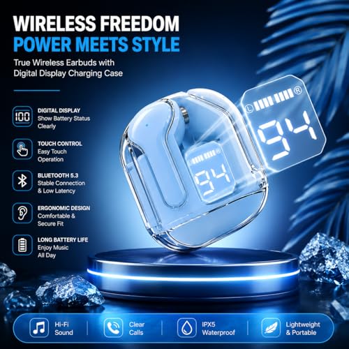 Image of NADITI Wireless Bluetooth Earbuds with Digital Display Charging Case | Touch Control TWS Earphones with HD Sound & Deep Bass | Noise Isolation Earbuds for Music, Calls, Gaming & Sports (Blue)