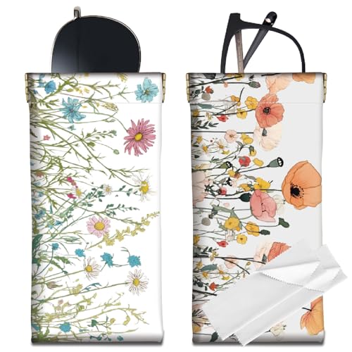 CREATCABIN Estojo de óculos de sol fino de couro com 2 peças, bolsa protetora de flores, plantas, porta-óculos, bolsa de viagem, portátil, à prova d'água, com pano de limpeza macio, presente para