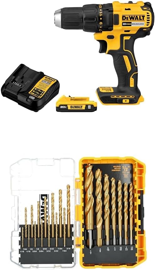 DEWALT Power Drill Driver Set, Brushless, LED Light, 20V Max Battery and Charger with 21 Pc. Assorted Titanium Nitride Coated Pilot Point Twist Drill Bit Set 1/16 to 1/2 inch (DCD777D1) and (DW1361)