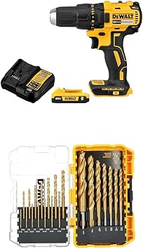 DEWALT Power Drill Driver Set, Brushless, LED Light, 20V Max Battery and Charger with 21 Pc. Assorted Titanium Nitride Coated Pilot Point Twist Drill Bit Set 1/16 to 1/2 inch DCD777D1 and DW1361