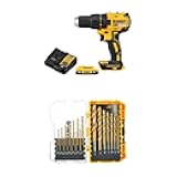 DEWALT Power Drill Driver Set, Brushless, LED Light, 20V Max Battery and Charger with 21 Pc. Assorted Titanium Nitride Coated Pilot Point Twist Drill Bit Set 1/16 to 1/2 inch (DCD777D1) and (DW1361)