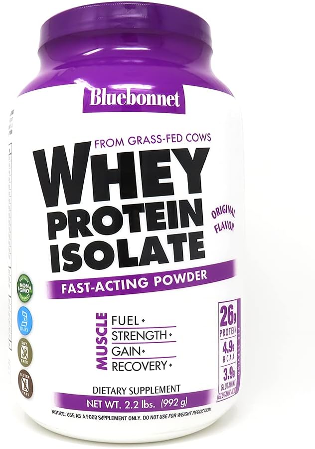 Bluebonnet Nutrition Whey Protein Isolate Powder, Whey from Grass Fed Cows, 26 Grams of Protein, No Sugar Added, Gluten Free, Soy Free, Kosher Dairy, 2.2 lbs, 32 Servings, Original Unflavored