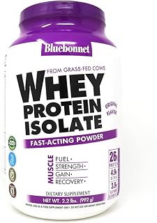 Bluebonnet Nutrition Whey Protein Isolate Powder, Whey from Grass Fed Cows, 26 Grams of Protein, No Sugar Added, Gluten Free, Soy Free, Kosher Dairy, 2.2 lbs, 32 Servings, Original Unflavored