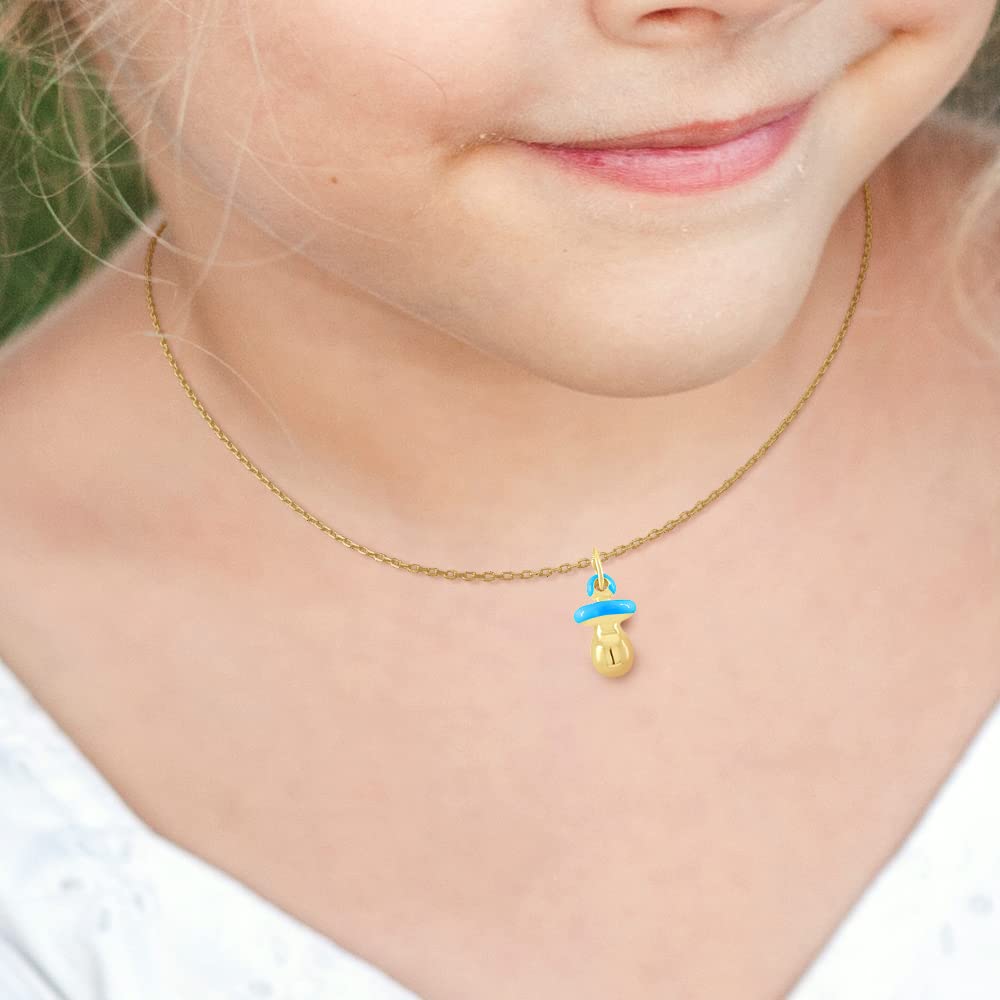 Amours, baci & coccole, ciondolo per bambini con ciuccio blu, oro giallo e smalto blu, 100% anallergico, adatto per bambini dai 2 ai 12 anni, Oro giallo