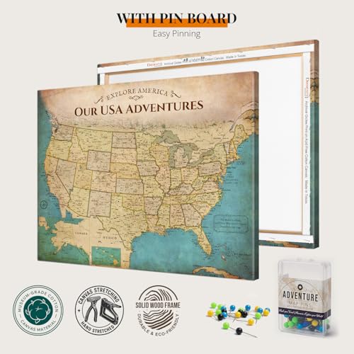 Image of DECORARTS - Push Pin Travel Map USA, US Maps for Wall, Antique Vintage Old United States Pin Board Canvas Wall Art, Giclee Print on Canvas, Handcrafted in USA, 20x16''