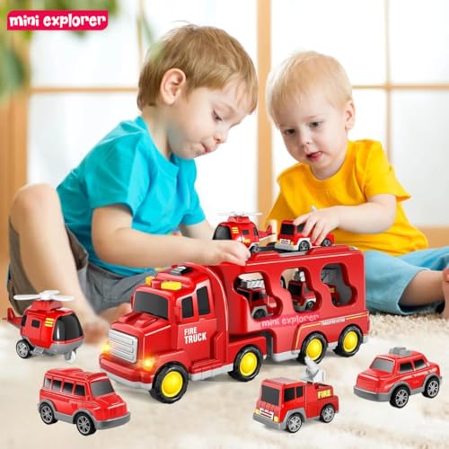 Image of Mini Explorer 5-in-1 Fire Truck Toy Set for Kids | Fire Car Carrier Vehicle with Lights & Sound | Emergency Rescue Transport Toy for Toddlers Girls Boys Ages 1-6 Years, Red