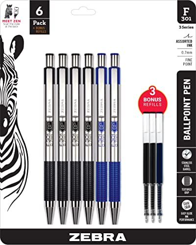 Zebra Pen F-301 Ballpoint Black and Blue Ink Fine Point 0.7mm Stainless Steel Retractable Pen, 6-Pack Plus 3 Refills – Easy-Glide Ink, Non-Slip Grip, Professional Design, Ideal for Office Use (27206)