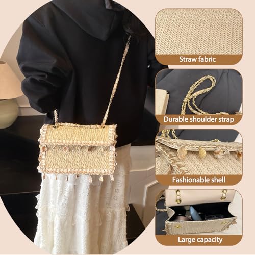 Straw Crossbody Bags for Women Summer Raffia Shell Straw Clutch Evening Bag Woven Shoulder Bag for Wedding Party4