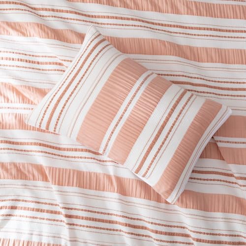 Image of Amazon Basics Comforter Set, 2-Piece Jacquard Comforter and Pillow Sham, All-Season Bedding, Twin, Pink Striped