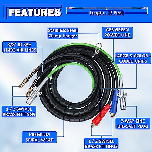 Boeray 12Ft 3 In 1 Air Lines For Tractor Trailer Freightliner Abs Air Brake Lines Tractor Truck Glad Hand Air Hose #TOP1