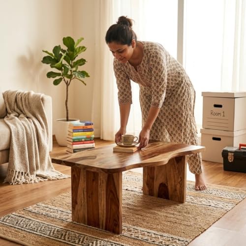 Image of Sheesham Wood Coffee Table for Living Room | Japandi Low Height Center Unit with Curved Edge Top | Modern Floor Seating Tea Furniture Thick Panel Base | Minimal Wooden Cocktail Piece | Teak Natural