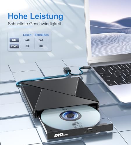 Umaniy Externes CD DVD Laufwerk, USB 3.0 & USB-C CD/DVD Laufwerk Extern, CD DVD +/-RW ROM Brenner Optical External DVD Drive für Laptop, PC, Desktop, MacBook, iMac, Windows 11/10/8/7/XP/Linux/MacOS