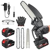 Mini Chainsaw Cordless 6 Inch, Battery Powered Chain Saw Electric with 2Pack Battery and Charger, Security Lock, Handheld Lightweight Small Chain Saws for Branches Pruning Wood Cutting