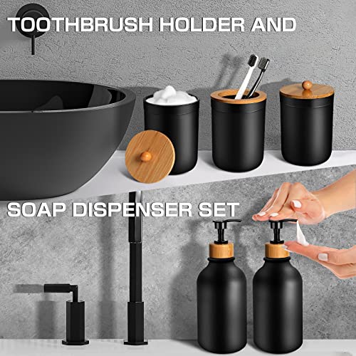 Mierting Black Bathroom Accessories Set 5 Pcs, Matte Black Bathroom Accessories, Soap Dispenser And Toothbrush Holder Set, Qtip & Cotton Ball Holder, Boho Bathroom Decor, Black Bathroom Set #TOP3