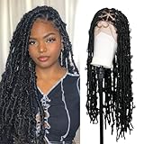 Janyuwool 32' Butterfly Locs Full Lace Triangle Knotless Braided Wigs for Black Women Lace Frontal Braid Wig Human Hair Blended Full Double Lace Front Locs Braids Wig with Baby Hair (Black)