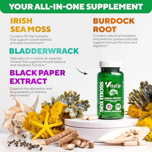 VitaUp Wildcrafted Irish Sea Moss Capsules with Burdock Root & Bladderwrack - USA Made Sea Moss Advanced for Hair, Skin, Immune & Energy Levels Support - SeaMoss Pills - 60 Vegan Capsules
