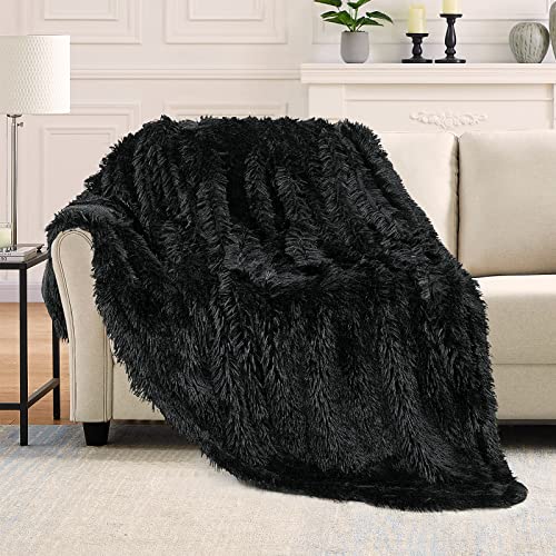 Toonow Extra Soft Fuzzy Faux Fur Blanket Twin Size 70"X78", Reversible Lightweight Plush Fuzzy Cozy Soft Blankets And Throws For Couch Sofa Bed, Decorative Fluffy Plush Comfy Blanket, Black #TOP1
