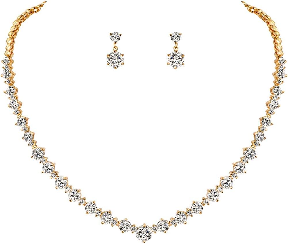 WeimanWeimanJewelry Silver/Gold Plated Women Cubic Zirconia Round Cut CZ Bridal Necklace and Drop Earring Set for Bride Wedding (Gold)