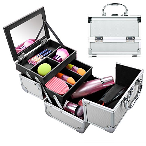 Mini Makeup Train Case, Portable Aluminum Cosmetic Organizer Box 2 Trays with Mirror (Silver_Black)