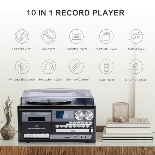 Giradischi Bluetooth con altoparlanti integrati, lettore di dischi in vinile a 3 velocità, riproduzione di CD e cassette, copertura antipolvere satinata, rumore ridotto per l'audio domestico