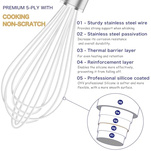 Image of OYV White Silicone Whisk, Professional Whisks For Cooking Non-Scratch, Stainless Steel & Silicone Wisk, Plastic Rubber Whisk Tool For Nonstick Cookware Pans, BPA free, Silicon Wisks Set of 3