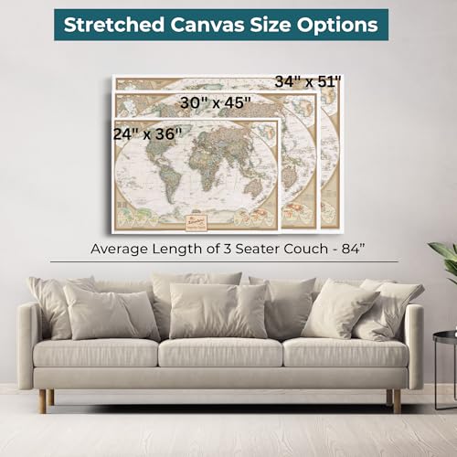 Image of Executive World Map with Pins - Detailed National Geographic Canvas Travel Map - Extra Large Modern Frameless Wall Art - Gallery Wrap - 34 inch x 51 inch