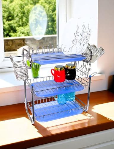 Image of AMOL Premium Stainless Steel 3-Tier Kitchen Rack - Wall /Countertop Dish Drainer with Utensil & Glass Holders, 3 Draining Trays - Rustproof Organizer