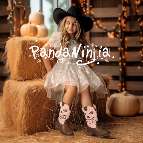 PANDANINJIA Girls Cowboy Boots For Boys Kids Toddler Western Mid Calf Cowgirl Boots Riding Shoes With Halloween Skull Element Booties3