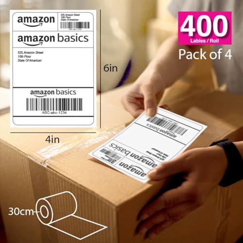 Image of Amazon Basics 70gsm Thermal Label Printer Paper - 4 inch x 6 inch (100 x 150 mm)| Ideal for Shipping, Parcel, Barcode, and Address Labels - 400 Labels per Roll (Pack of 4)