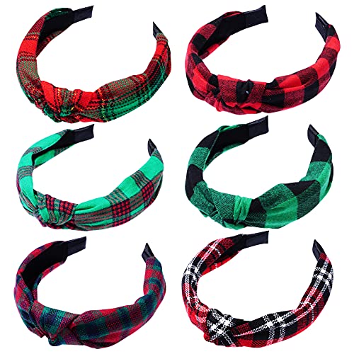 Sumersha 6Pcs Christmas Knotted Headbands Buffalo Plaid Headband Wide Top Knot Hair Bands Non-Slip Turban Head Bands Fashion Women Girls Hair Accessories For Birthdays Christmas Parties cover