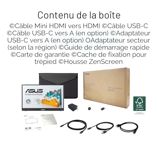 ASUS ZenScreen Touch MB16AMTR 16" (15,6" Visibles), FHD (1920 x 1080), IPS, Tactile 10 Points, Batterie intégrée, Mini-HDMI, béquille Ergo, Anti-Scintillement, Compatible PC, Smartphones, Consoles