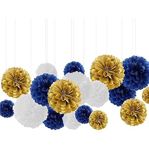 AIM & GGKK 12pcs 8" 12" 18" Paper Pompom Golden Gradient Navy Blue And White Tissue Hanging Paper Pom Poms,Flower Ball Wedding Birthday Party Decoration Cover
