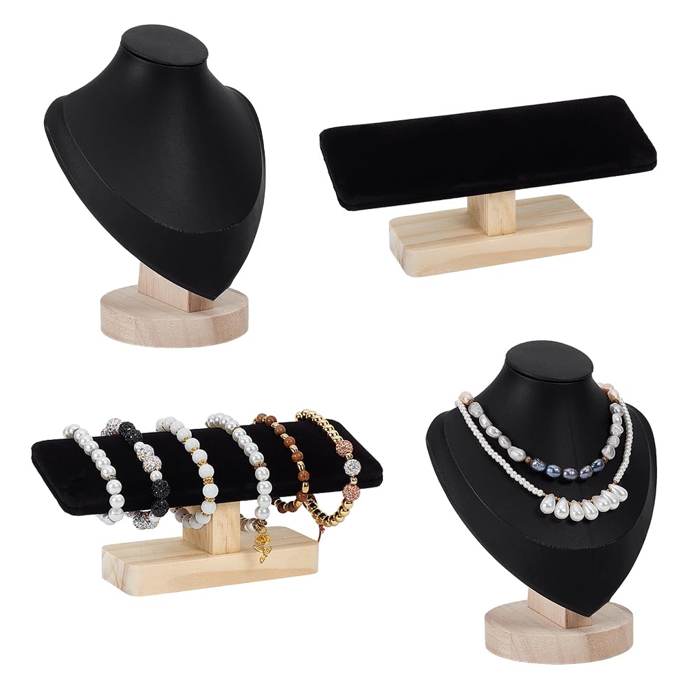 nbeads Halskette und Armband Displayständer Set, 4 chmuckständer für Halskette, 2 Samt-T-Bügel-Armbandhalter Mit 2 Pu-Büste-Halskettenständern Für Einzelhandel Zuhause Und Boutique, Schwarz