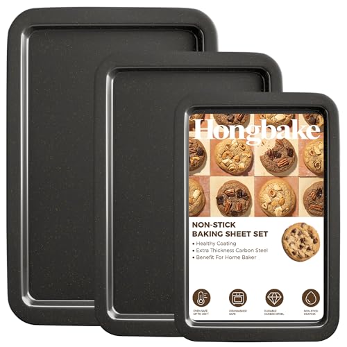 HONGBAKE Ceramic Baking Sheet Pan Set, Cookie Sheet for Oven, Bakeware Sets with Wider Grips, 3 Pack Half/Jelly Roll/Quarter Baking Tray, Premium, Dishwasher Safe - Dark Grey