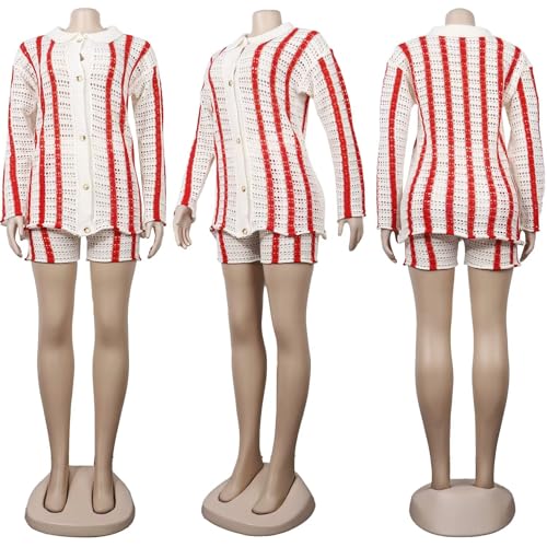 Womens Fashion Stripe Knit Sweater Cardigan 2 Piece Outfits，Long Sleeved Woollen Cardigan and Shorts Suit4