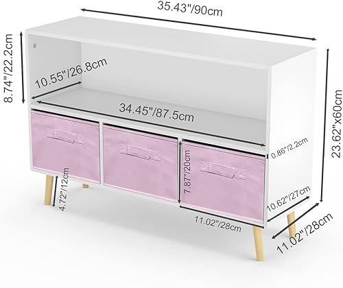 Miniatura 3 de Estantería abierta de madera, estante de exhibición de pie con patas de pino y 3 cajones de almacenamiento de tela, estantes modernos organizadores
