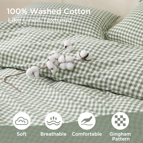 Image of TOCOMOA Green Gingham Duvet Cover Bedding Set 100% Washed Cotton Like Linen Feel Super Soft Comfortable 3 Piece Plaid Checkered Comforter Cover Set (California King 104 inchx98 inch, Comforter Not Included)