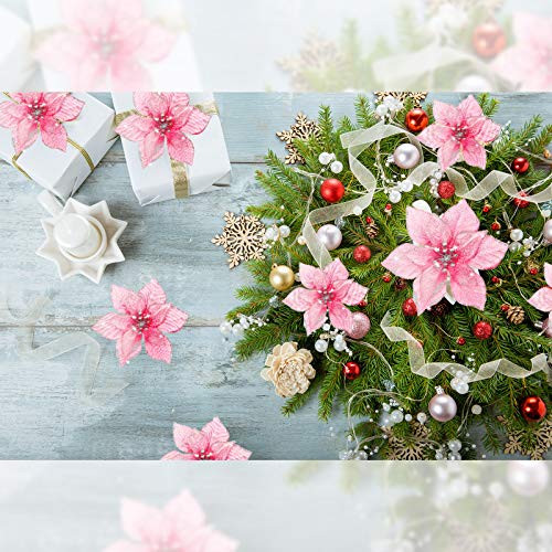 36 Pieces 3 Size Christmas Poinsettia Christmas Tree Flowers Glitter Faux Flowers Decoration Artificial Poinsettia Ornaments For Christmas New Year Home Outdoor Decoration (Pink, 3/ 4/ 6 Inch) #TOP5