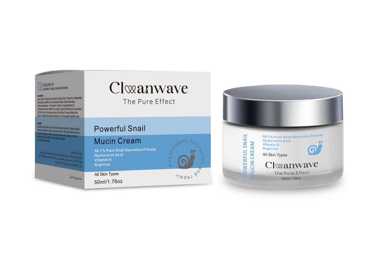 CleanWave, Powerful 98.7% Snail Mucin Cream, Day and Night Moisturizer for Face, with Snail Mucin, 5000PPM Hyaluronic Acid, 3000PPM Vitamin E and ARGININE, For Dry And Sensitive Skin,All Skin Types