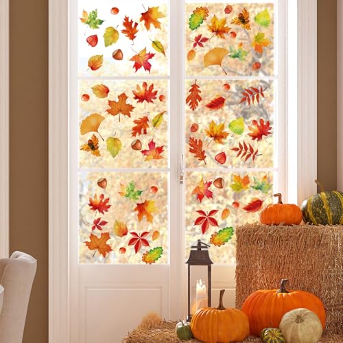 Geosoo 21 Fall Window Clings For Glass Windows Autumn Maple Leaf Window Static Stickers Double-Sided Leaves Hazelnut Window Door Cling Removable Reusable Stickers Thanksgiving Window Door Decor thumb #4